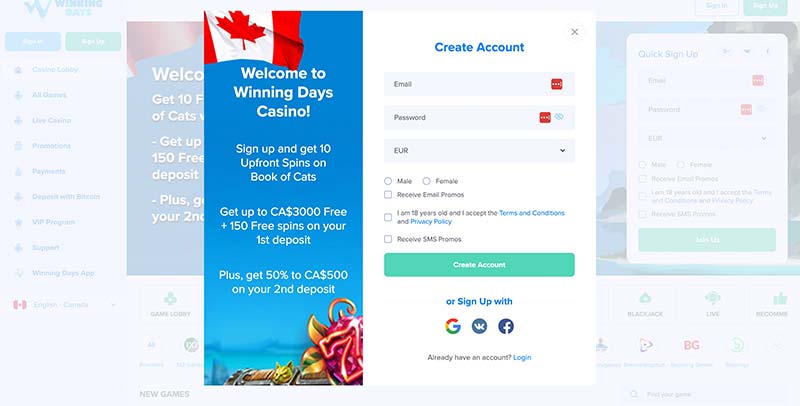 Create an account at Winning Days