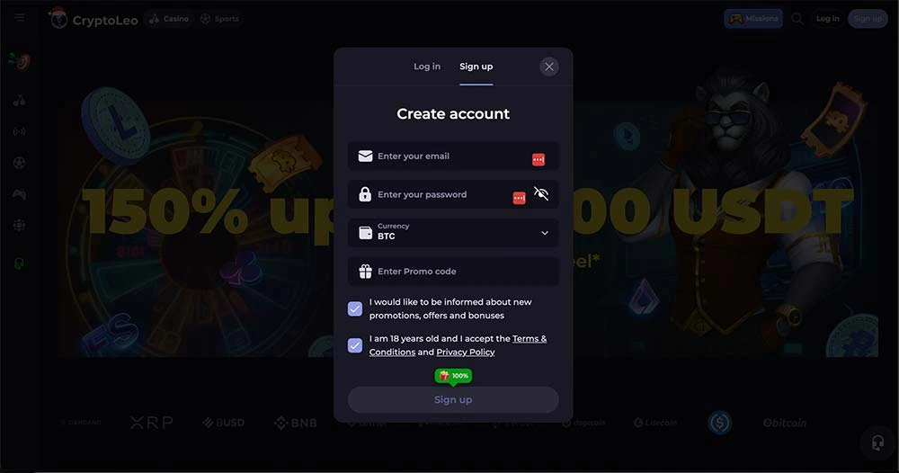 Registration process at CryptoLeo Casino