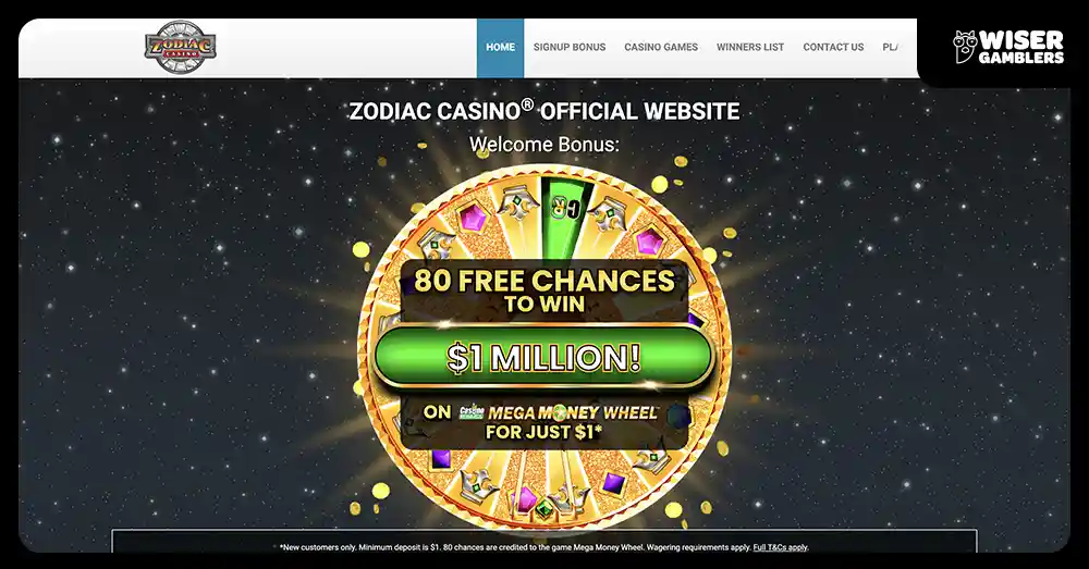 Zodiac Casino - 80 Chances from just 1$