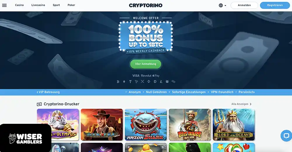 Die Homepage von Cryptorino Casino, im Hintergrund eine Beschreibung über den Willkommensbonus von 100% bis zu 1BTC + 10% Cashback