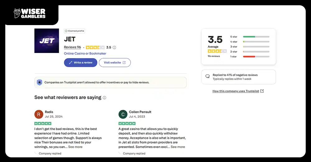 Jet Casino Trustpilot review score 3.5 average rating from Canadian players