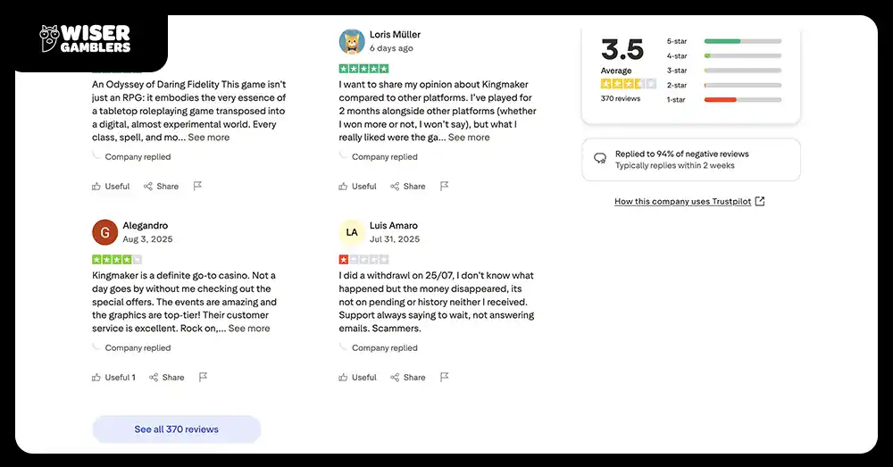 Kingmaker Casino official Trustpilot page with 3.5 ranking