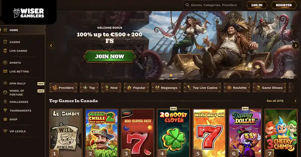 Fat Pirate Casino homepage for Canadian players featuring bonuses, games and promotions