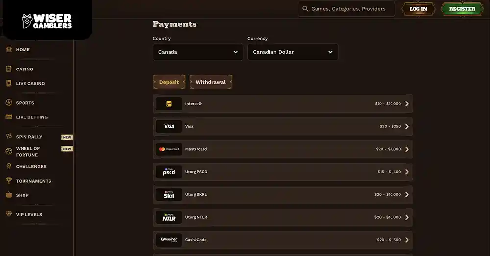 Payment methods at Fat Pirate Casino Canada including Interac, Visa and fast withdrawals