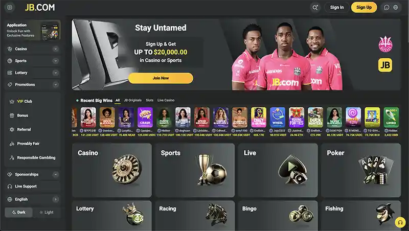 JB.com Casino Canada Bitcoin casino homepage screenshot