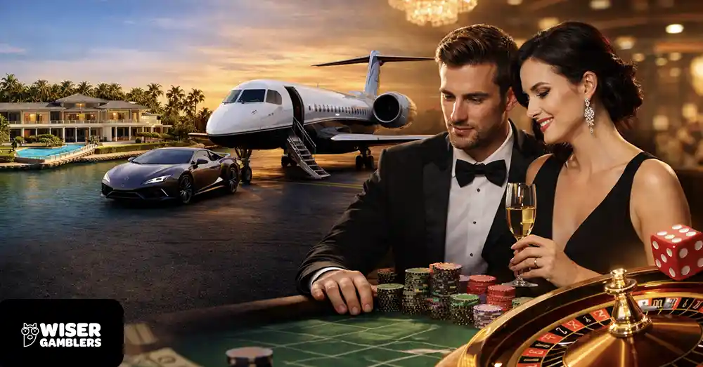 Luxury high roller casino lifestyle with private jet, mansion and VIP gambling experience