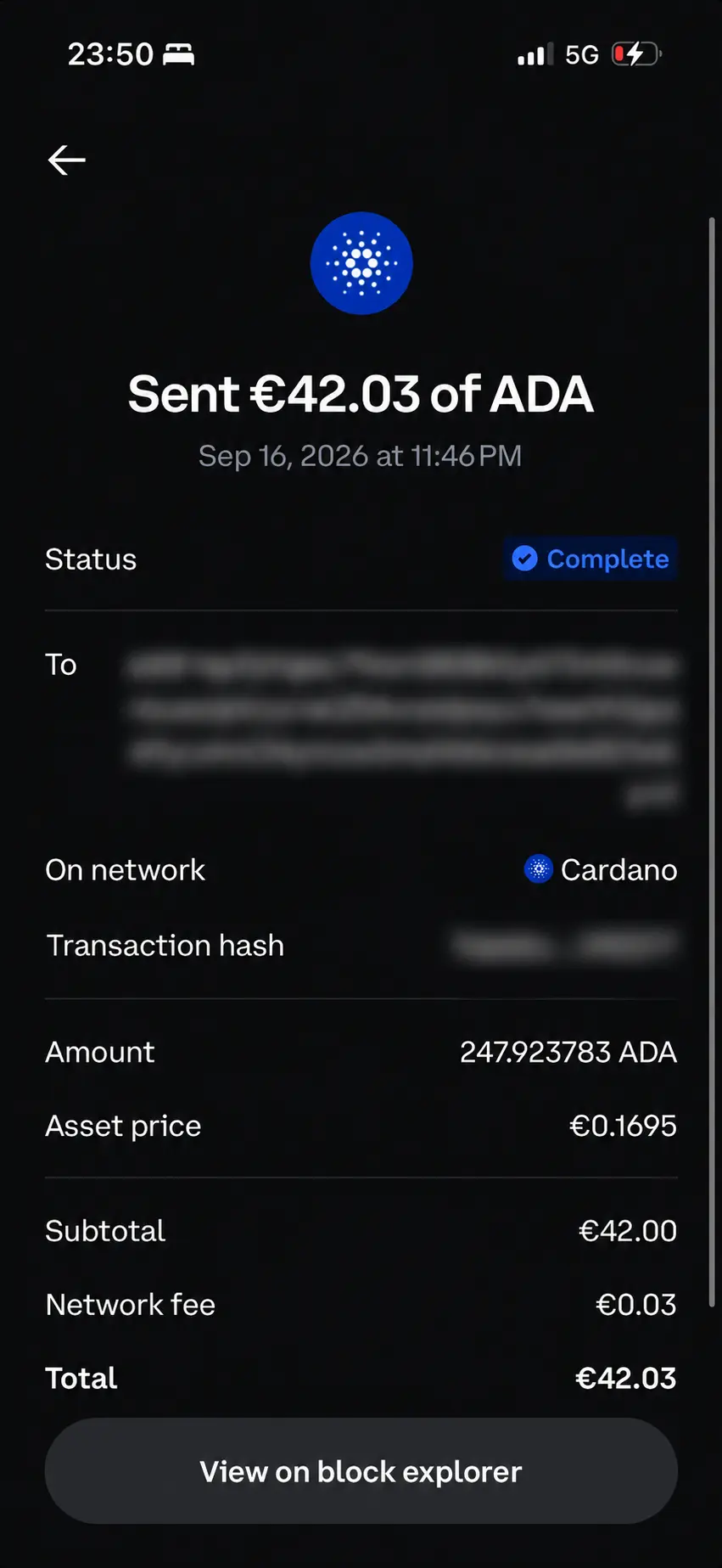 Redacted proof of the ADA deposit used in our Casea Casino review