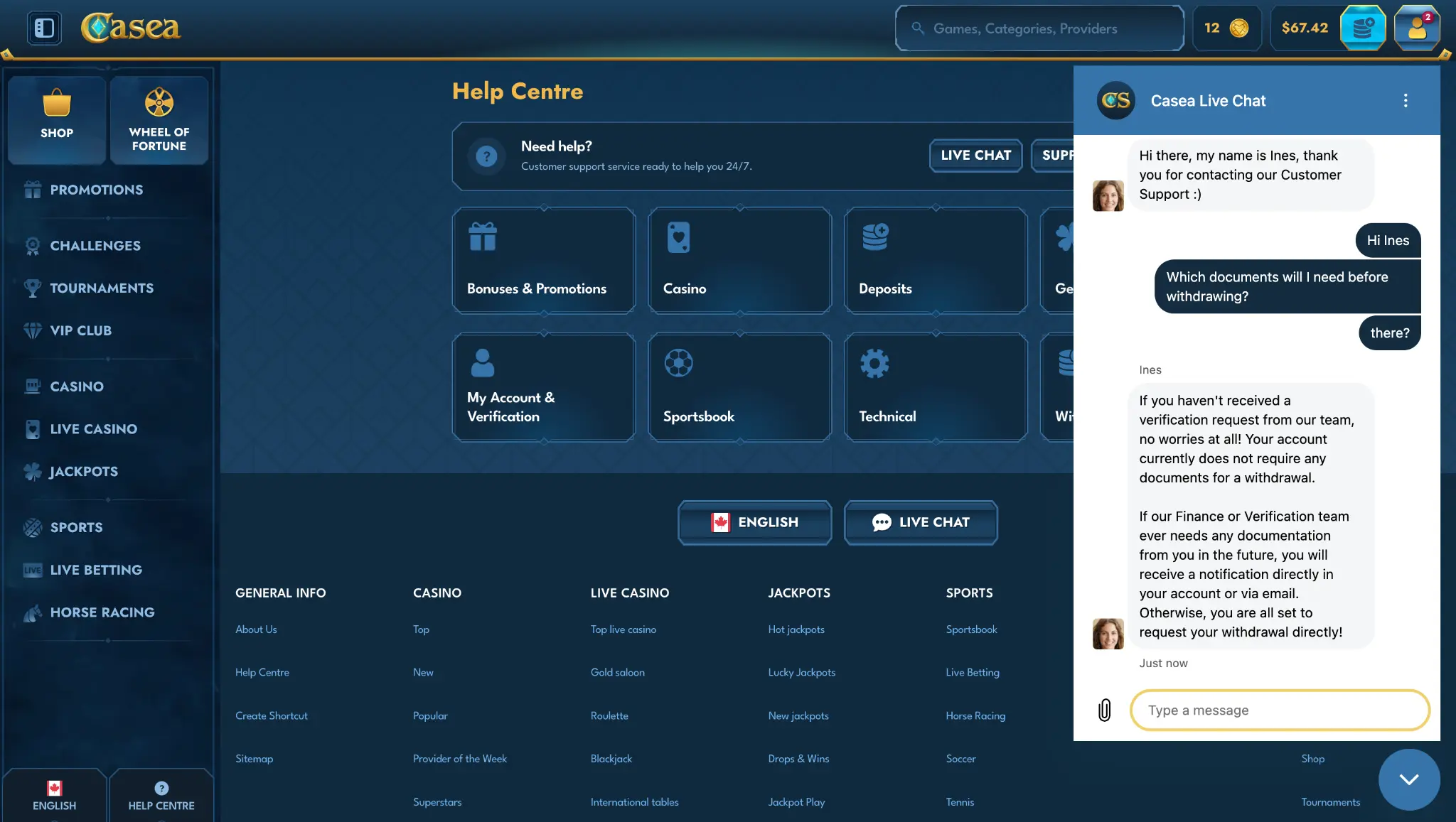Casea Casino live chat response about KYC documents