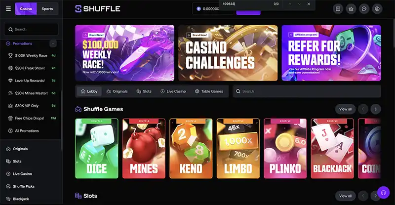 Shuffle Casino homepage